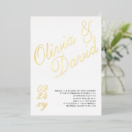 ミニマエレガントモダンリストRSVP QRバック結婚s 箔招待状 (立ち正面)