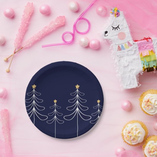 ミニマエレガントリストのクリスマスツリーデザインブルー ペーパープレート (パーティー)