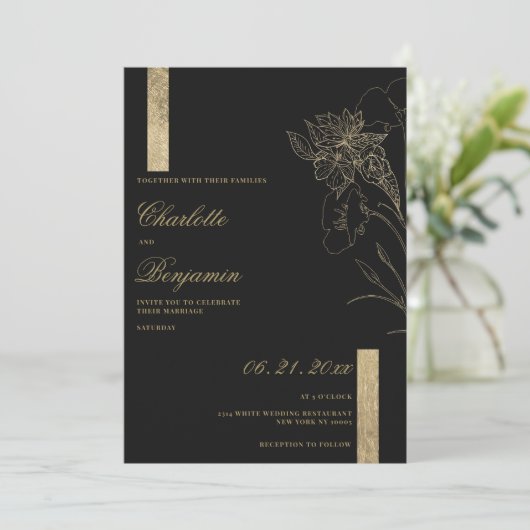 ミニマエレガントリストのシックなブラック金ゴールド結婚フローラ 招待状 (スタンド正面)