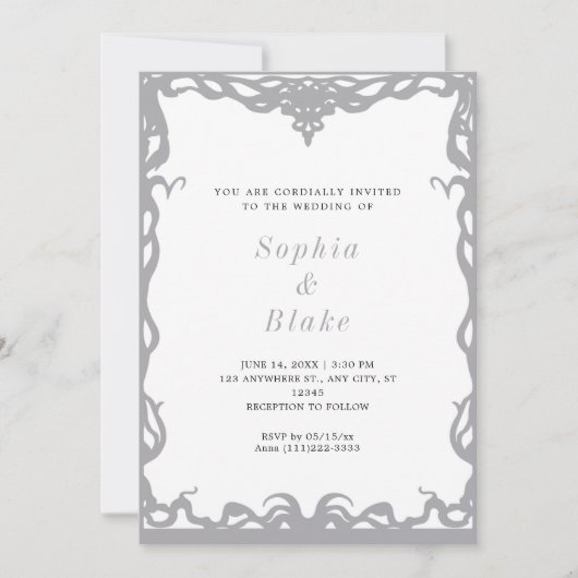 ミニマエレガントリストのシルバー&ホワイトアールデコズ結婚ズ 招待状 (正面)