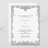 ミニマエレガントリストのシルバー&ホワイトアールデコズ結婚ズ 招待状 (正面/裏面)