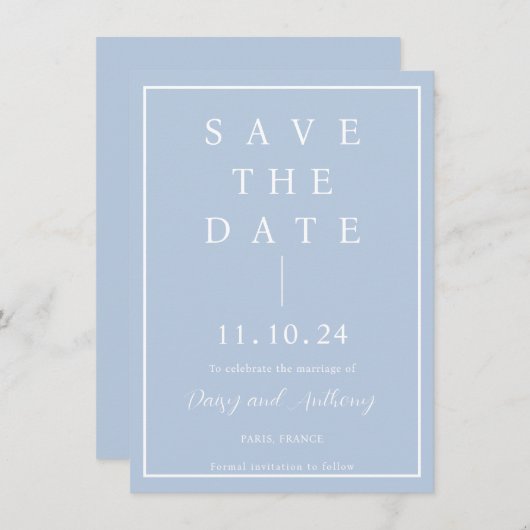 ミニマエレガントリストのダスティブルー日付カードを保存 セーブザデート (正面/裏面)