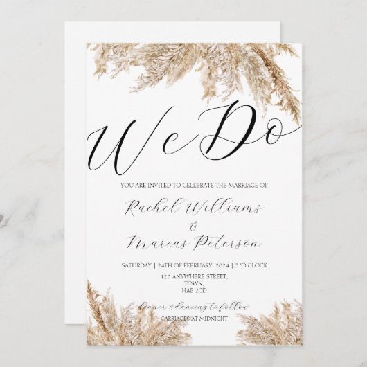 ミニマエレガントリストのパンパスグラス私たち結婚は 招待状 (正面/裏面)