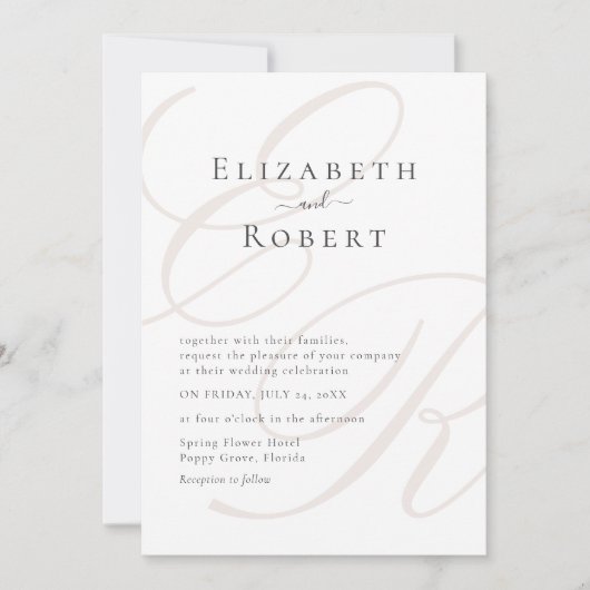 ミニマエレガントリストのベージュ結婚モノグラム 招待状 (正面)