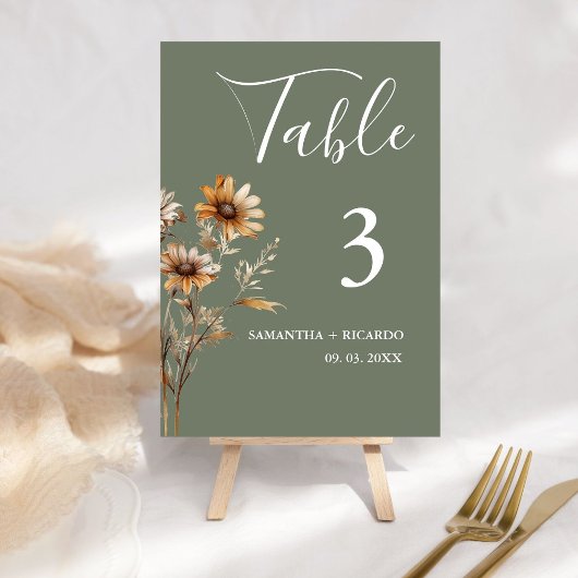 ミニマエレガントリストのボホグリーンワイルドフラワー結婚ズ テーブルナンバー