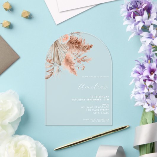 ミニマエレガントリストのボホフローラ1st誕生日 アクリル招待状 (インサイチュ (ウェディング))