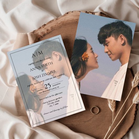 ミニマエレガントリストのモノグラムのフォトオーバーレイ結婚ズ 招待状