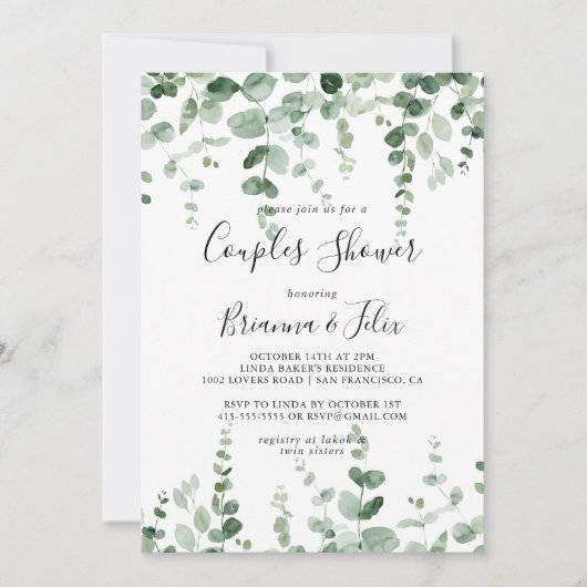 ミニマエレガントリストのユーカリ・カップル・シャワー 招待状 (正面)