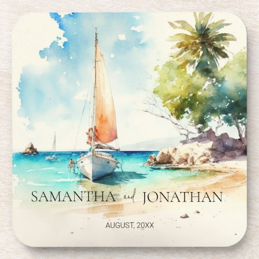 ミニマエレガントリストの水彩船クルーズ結婚ーズ コースター (正面)