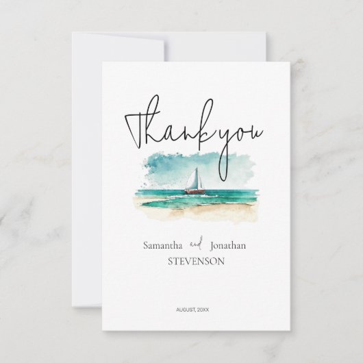 ミニマエレガントリストの水彩船クルーズ結婚ーズ サンキューカード (正面)