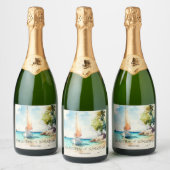 ミニマエレガントリストの水彩船クルーズ結婚ーズ スパークリングワインラベル (ボトル)