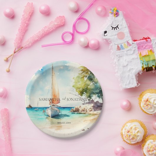 ミニマエレガントリストの水彩船クルーズ結婚ーズ ペーパープレート (パーティー)