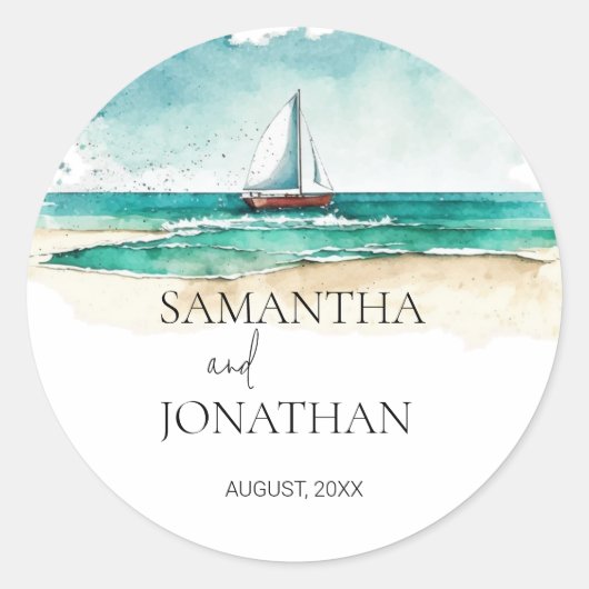 ミニマエレガントリストの水彩船クルーズ結婚ーズ ラウンドシール (正面)