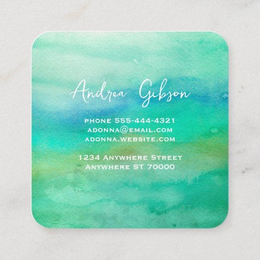 ミニマエレガントリストの水彩青とティール（緑がかった色） スクエア名刺 (裏面)