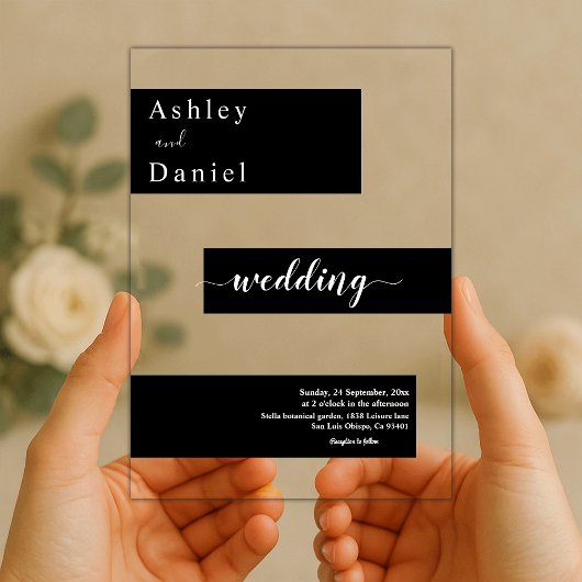 ミニマエレガントリストの白黒モダン結婚の アクリル招待状