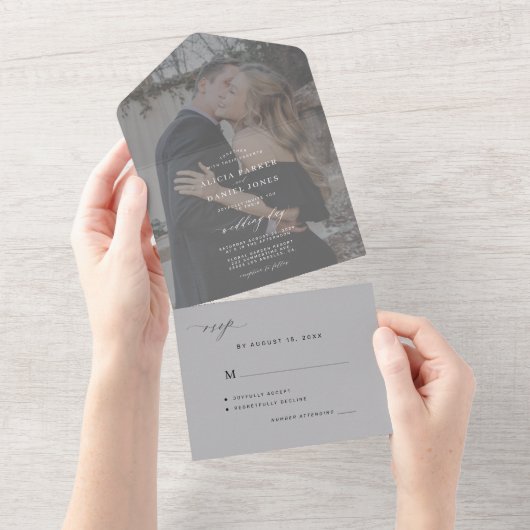 ミニマエレガントリストの白黒結婚写真は オールインワン招待状 (貼ってはがせる)