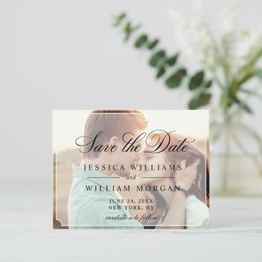 ミニマエレガントリストの結婚式の日付を保存PHOTO ポストカード (スタンド正面)