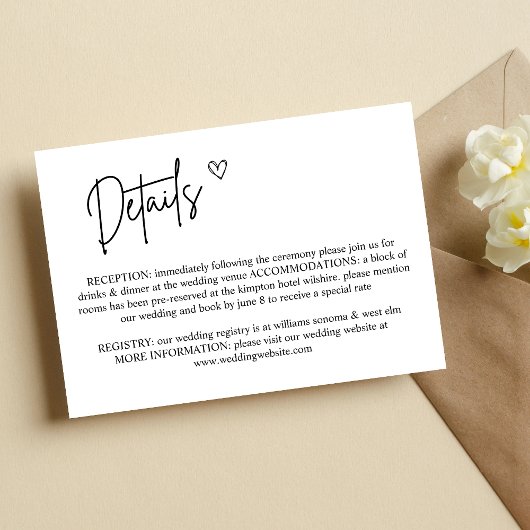 ミニマエレガントリストの結婚詳細エンクロージャカード 招待状