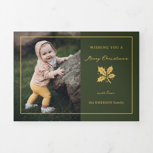 ミニマエレガントリストの緑/金ゴールド写真 三つ折りクリスマスカード (カバー)