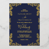 ミニマエレガントリストの葉 |ゴールドフォイルネイビーブルーフレーム 箔招待状 (正面)