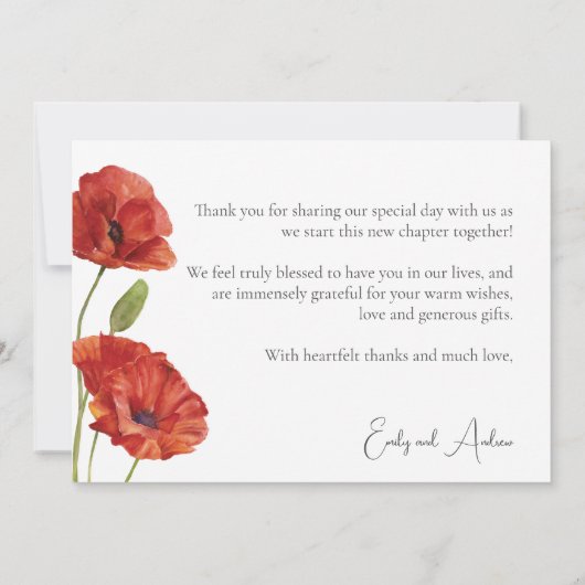 ミニマエレガントリストの赤いポピー結婚の花 サンキューカード (裏面)