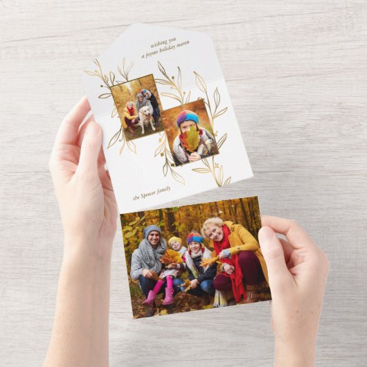 ミニマエレガントリストの金ゴールドラ描イ葉ンの2-Photo オールインワン招待状 (貼ってはがせる)