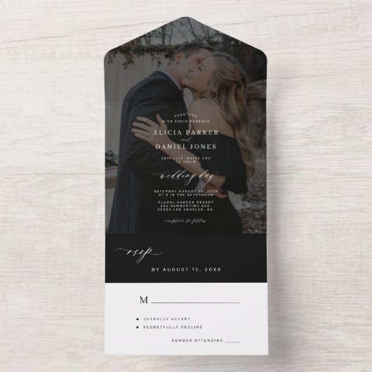 ミニマエレガントリストの黒い結婚写真 オールインワン招待状 (内側)