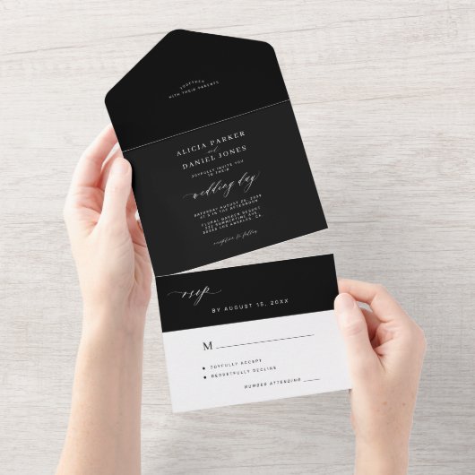 ミニマエレガントリストの黒と白の暗結婚色 オールインワン招待状 (貼ってはがせる)