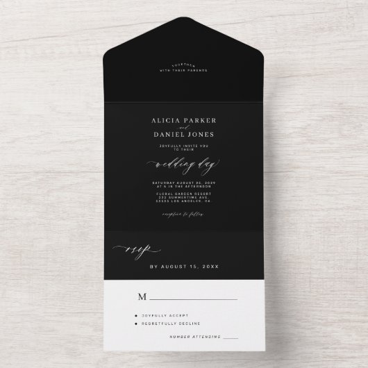 ミニマエレガントリストの黒と白の暗結婚色 オールインワン招待状 (内側)