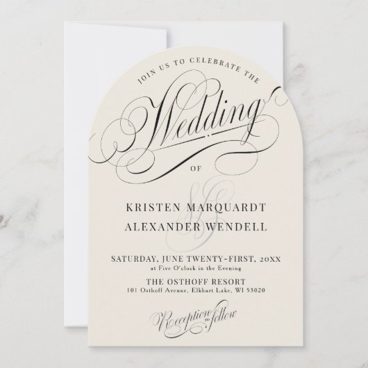 ミニマエレガントリストアイボリー&ブラックアー結婚チ 招待状 (正面)