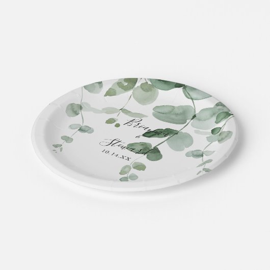 ミニマエレガントリストグリーンユーカリ結婚ズケーキ ペーパープレート (アングル)