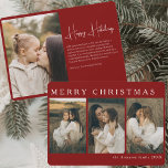 ミニマエレガントリストシンプルクリスマス4 Photo Red シーズンカード<br><div class="desc">ミニマ祝リスマスクリスマス4フォトレッドホリデーシンプルカードを使用して控えめなエレガンスとシーズン。スタイルでシンプルさを味わう人のために設計されたこのカードはタイムレスなモダン休日クラシックを提供している。豊かな赤い背景と清潔なレイアウトを備え、大切な家族の写真を中心にステージ。4つのフォトスロットで、このカードは美しいフォトコラージュを作成するのにお気に入りの最適な年の瞬間を強調。この家族のクリスマスカードはミニマルモダン主義のアプローチで作られ、自由な休日の挨拶を送ることを望む人のための理想的な選択スタイリッシュとなっている。そのエレガントデザインは、あなたの写真に焦点を当て保ながら、季節の本質を捉えパーソナライズされた、友人や家族のための心のこもった記念品を作成する。クリーンなラインとクラシックの色は、あなたのスタイルと楽にブレンド任意の家族の写真テーマのために十分に汎用性ユニークを作る。このミニマルなクリスマスフォトカードで、暖かさ、シンプルさ、エレガンスを反映したエレガントホリデーカードを送信する。美しく思いやりのある方法で喜びを共有するのに最適な、このカードの時代を超えたデザインは、任意のホリデーコレクションに貴重な追加になる。</div>