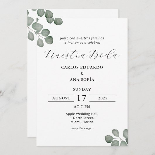 ミニマエレガントリストスペインのバイリン結婚ガル 招待状 (正面/裏面)