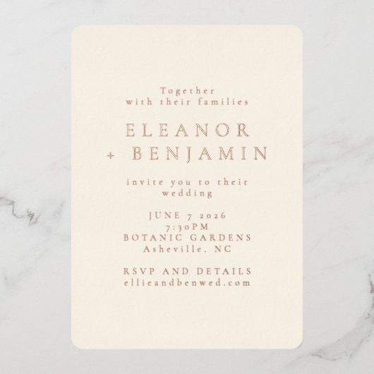 ミニマエレガントリストタイポグラフィバラ結婚金ゴールド 箔招待状 (正面)