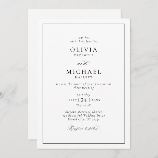 ミニマエレガントリストタイポグラフィ白黒結婚の 招待状 (正面/裏面)