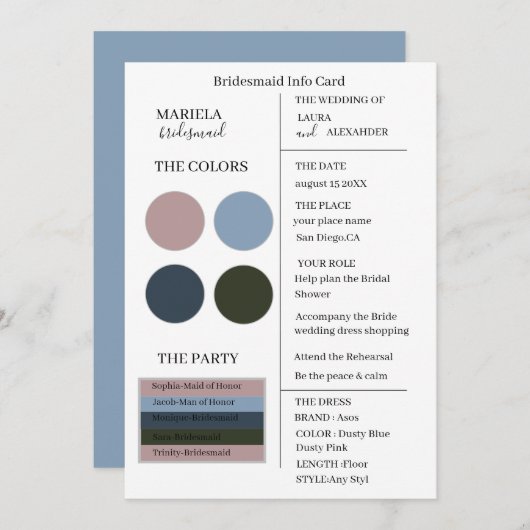 ミニマエレガントリストダスティブルーダスティピンクブリデスマイ 招待状 (正面/裏面)
