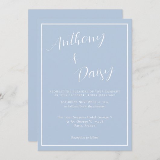 ミニマエレガントリストダスティブルー縁どワイ結婚ト 招待状 (正面/裏面)