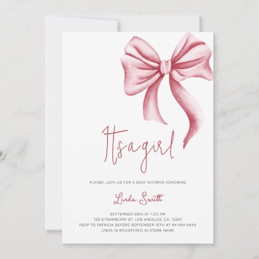 ミニマエレガントリストピンクボーガールベビーシャワー 招待状 (正面)