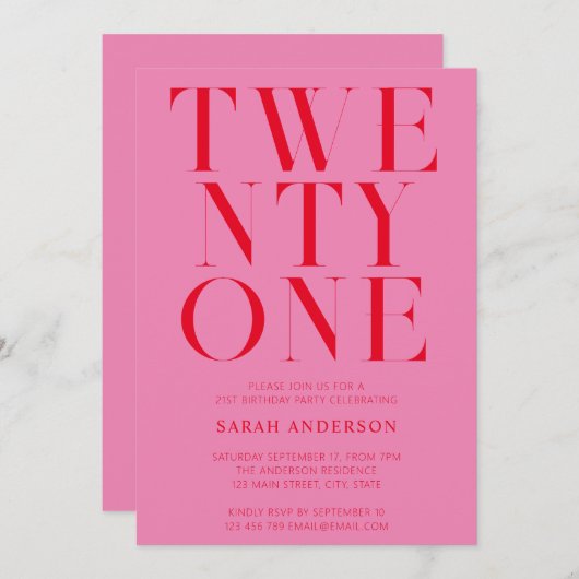 ミニマエレガントリストピンクレッドはっきりした21歳の誕生日 招待状 (正面/裏面)