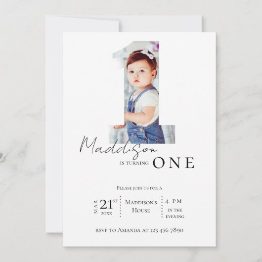 ミニマエレガントリストフォトキッズファースト誕生日パーティー 招待状 (正面)