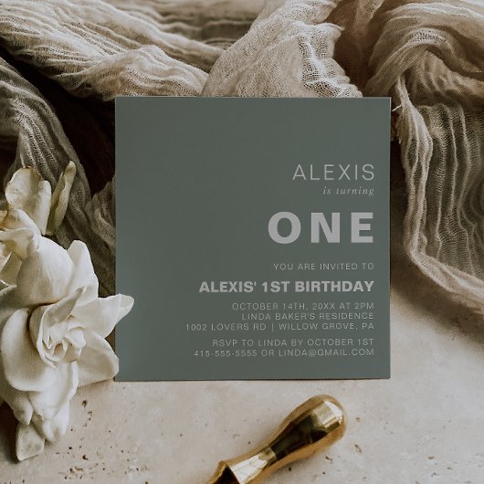 ミニマエレガントリストフォーマルグリーン第1誕生日パーティー 招待状