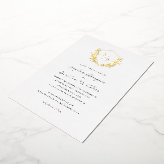 ミニマエレガントリストフローラクレストモノグラム結婚ズ 箔招待状 (回転した状態)