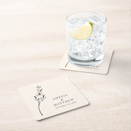 ミニマエレガントリストフローラスケッチカスタムウェディング スクエアペーパーコースター (インサイチュ)
