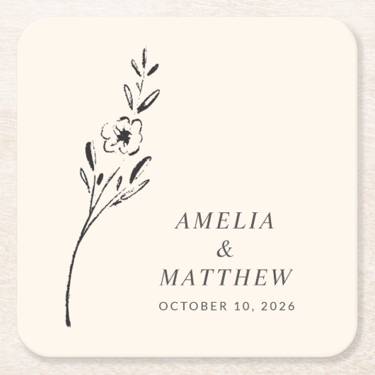 ミニマエレガントリストフローラスケッチカスタムウェディング スクエアペーパーコースター (正面)