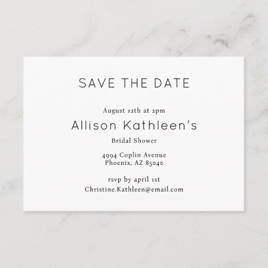 ミニマエレガントリストブライダルシャワー日付の保存 エンクロージャーカード (正面)