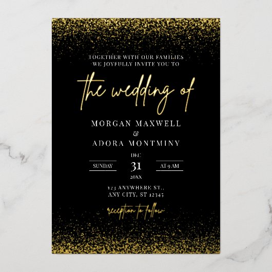 ミニマエレガントリストブラックと金ゴールド結婚ズ 箔招待状 (正面)