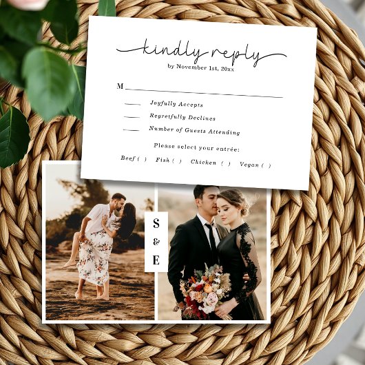 ミニマエレガントリストブラック&ホワイト写真結婚ズ 出欠カード