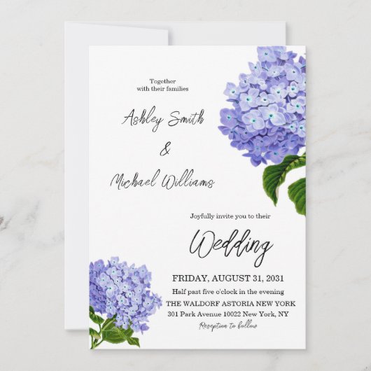 ミニマエレガントリストブルーアジサイフローラ結婚ズ 招待状 (正面)