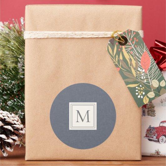 ミニマエレガントリストブルーグレイフェイクリネンモノグラム ラウンドシール (クリスマス)