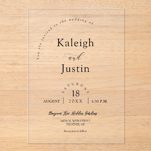 ミニマエレガントリストモダンボホアーチ結婚のカスタム アクリル招待状 (正面)